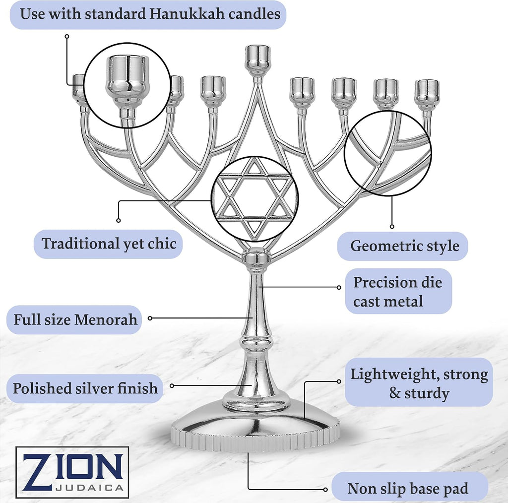 Traditional Classic Geometric Hanukkah 9" Silver Plated Chanukah Candle Minorah Fits Standard Hanukah Candles