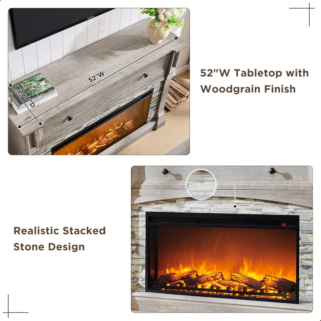 52 Inch Farmhouse Electric Fireplace with Mantel, Tall Fireplace TV Stand with Open Cubby, 36 Inch Freestanding Electric Fireplace Heater, Adjustable 3D Flame, Rustic Oak