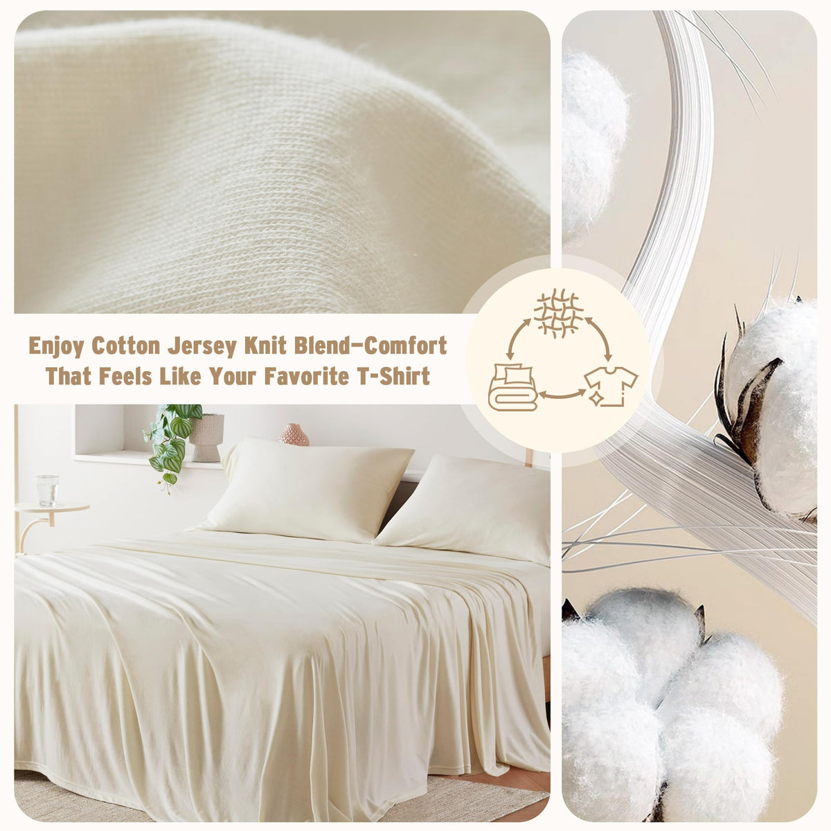 Cotton Blend Jersey Knit Sheet Set Twin XL Size, Cream