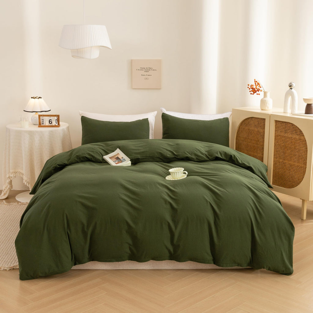 Cotton 3 Pcs Duvet Cover Set Linen Feel Avocado Green Queen