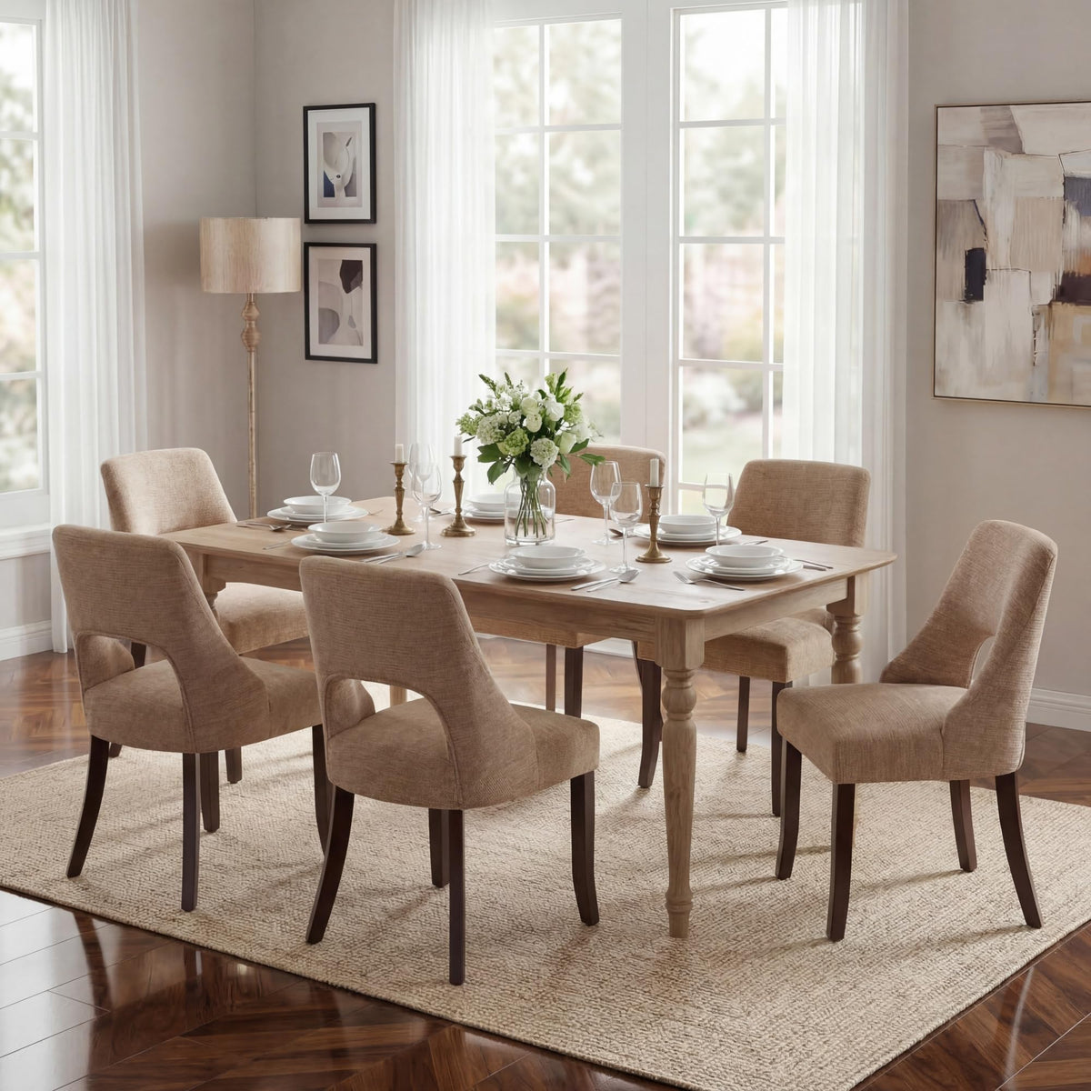 Wooden Dining Chairs Set of 2, Mid Century Modern Upholstered Dining Room Chair Kitchen Chairs, Chenille Dinner Chair