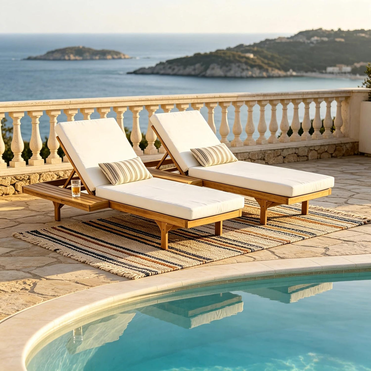Acacia Wood Chaise Lounge Chair Set of 2, Double/Single Outdoor Sunbathing Pool Lounger with 4'' Cushion, Patio