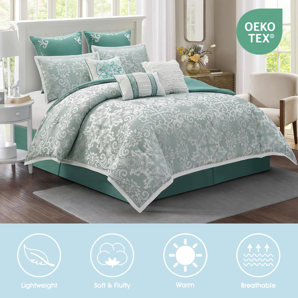 9 Piece Comforter Set, Sage Jacquard Damask, Bed in a Bag, All Seasons Bedding with Shams, Euro Shams, Bed Skirt