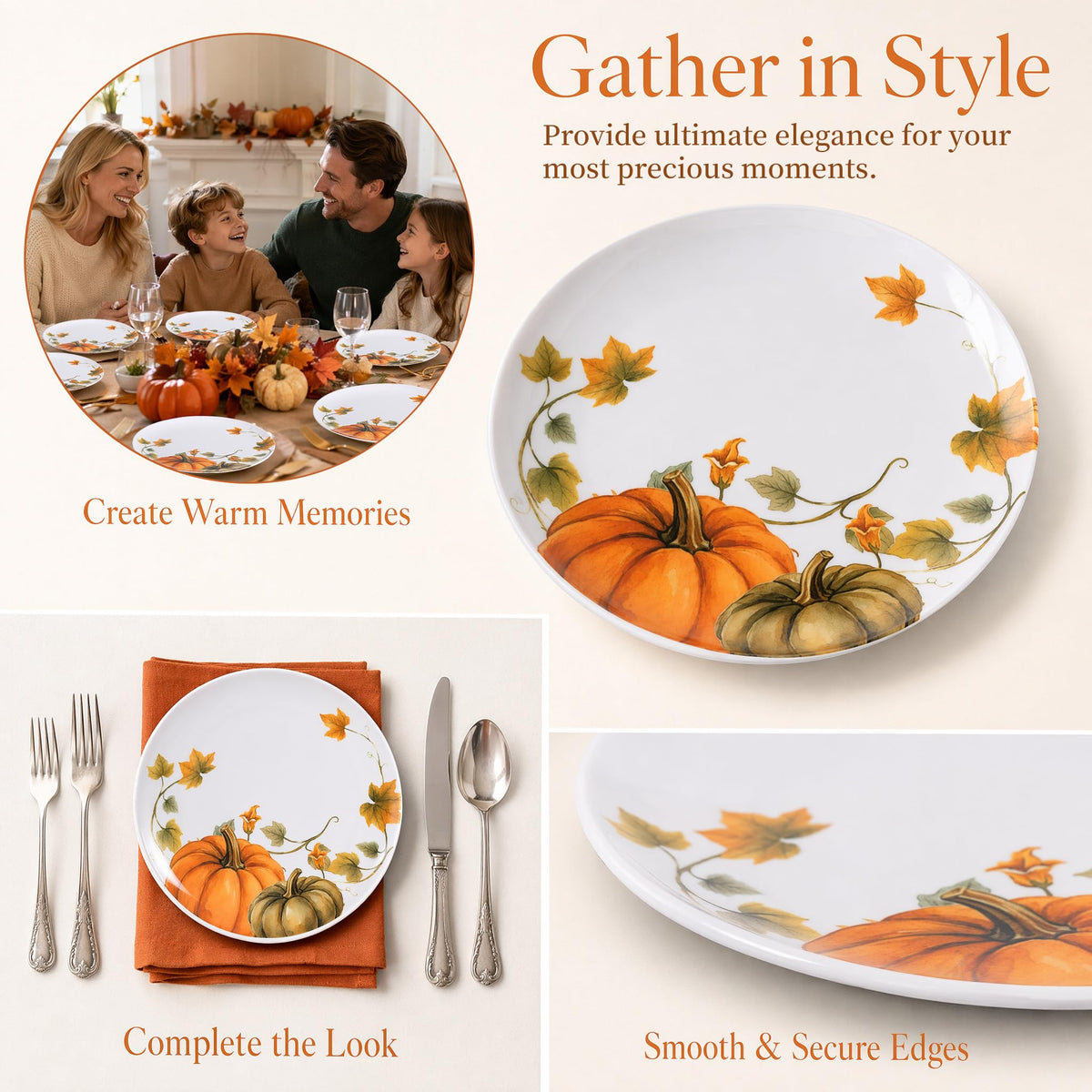 10in Melamine Dinner Plates Set 12 - Fall Pumpkin Design for Outdoor