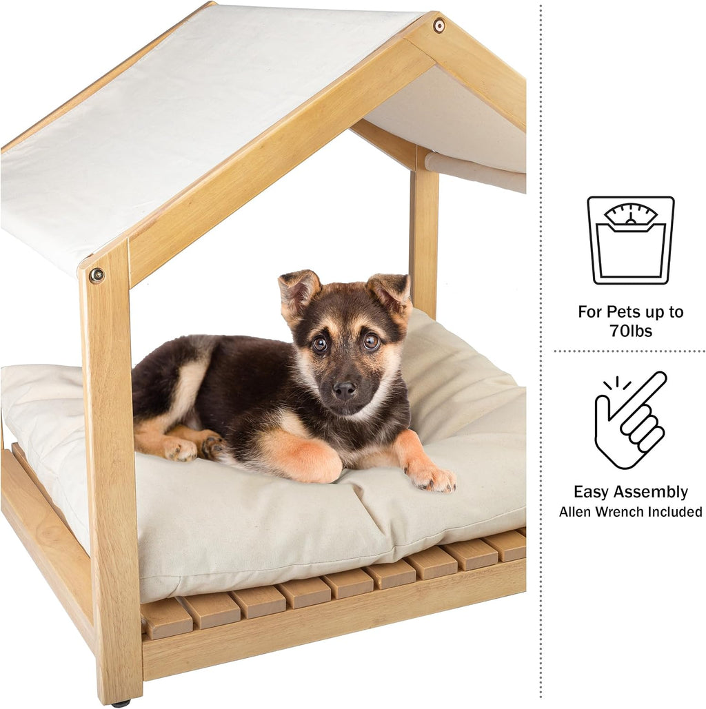 Dog House - 30x24-Inch Indoor Dog House with Soft Cushion and Adjustable Canopy - Wood Dog Furniture for Small to