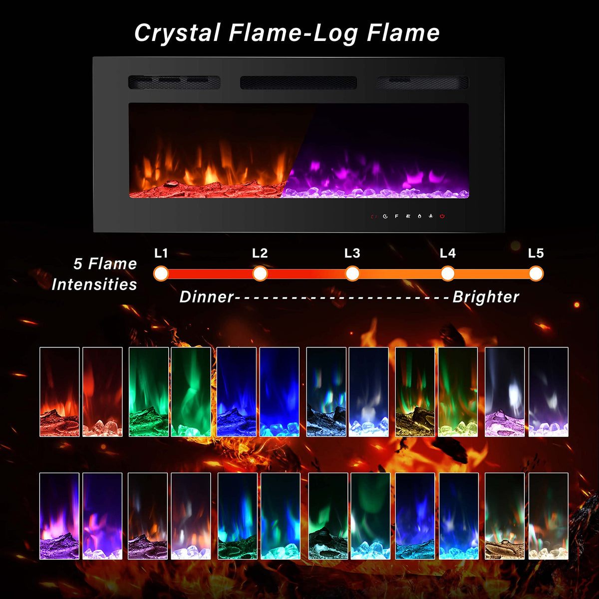 Electric Fireplace Insert 40 Inch, Wall Mounted, Remote Control, 12 Colors