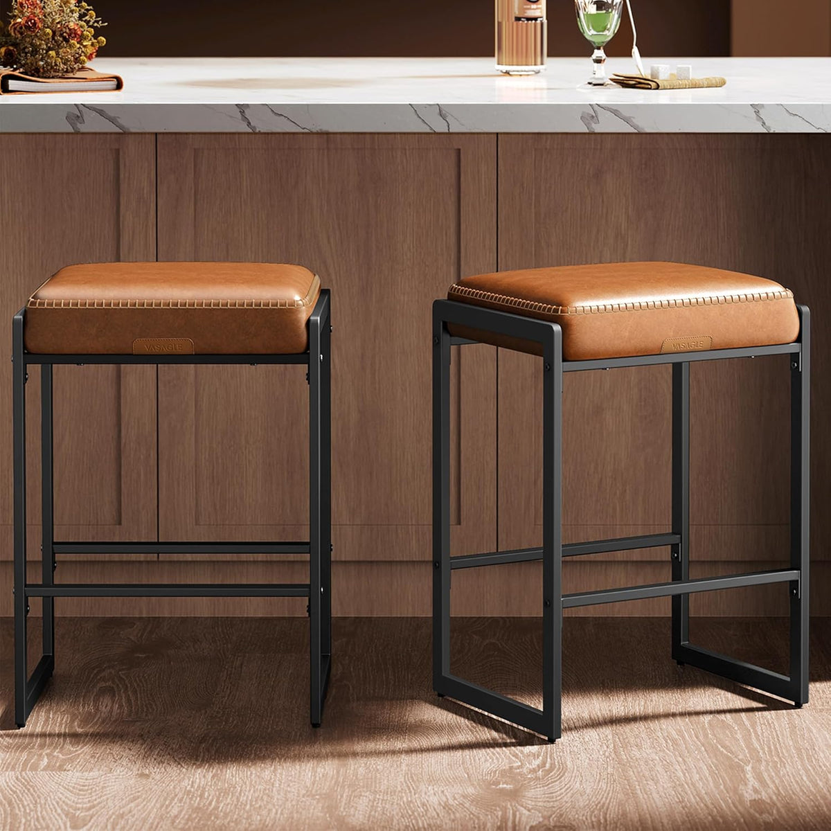 EKHO Collection - Bar Stools Set of 2, Counter Height Bar Stools, Synthetic Leather with Stitching, Mid-Century