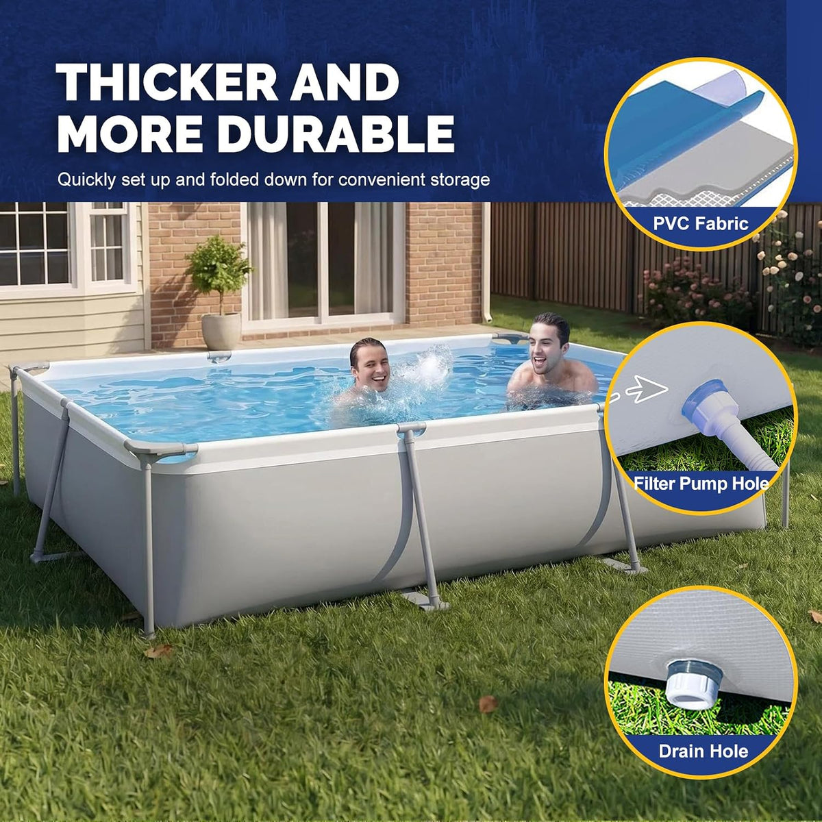 Above Ground Swimming Pool with Filter Pump, Outdoor Rectangular Steel Frame Swimming Pool for Kids Adults,10ft x