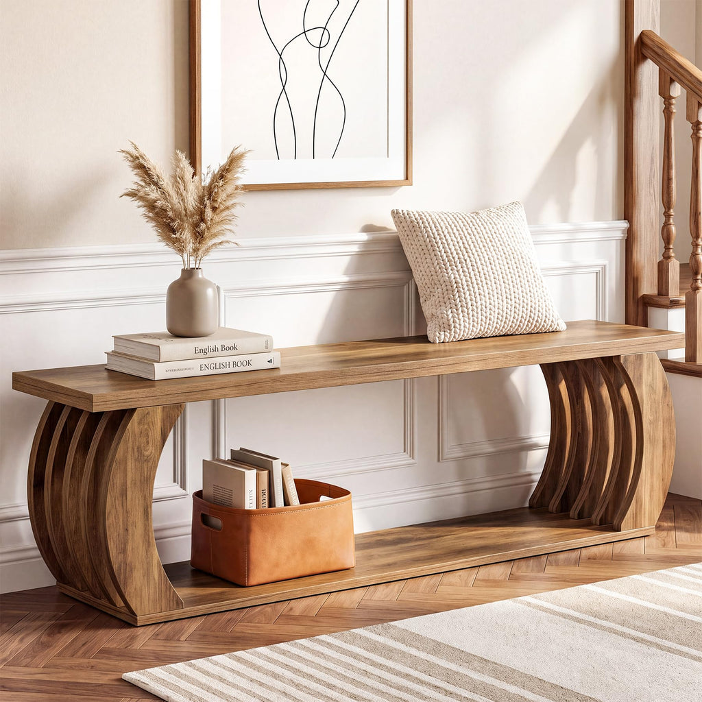 63" Entryway Bench with Storage, 2-Tier Farmhouse Wooden Bench