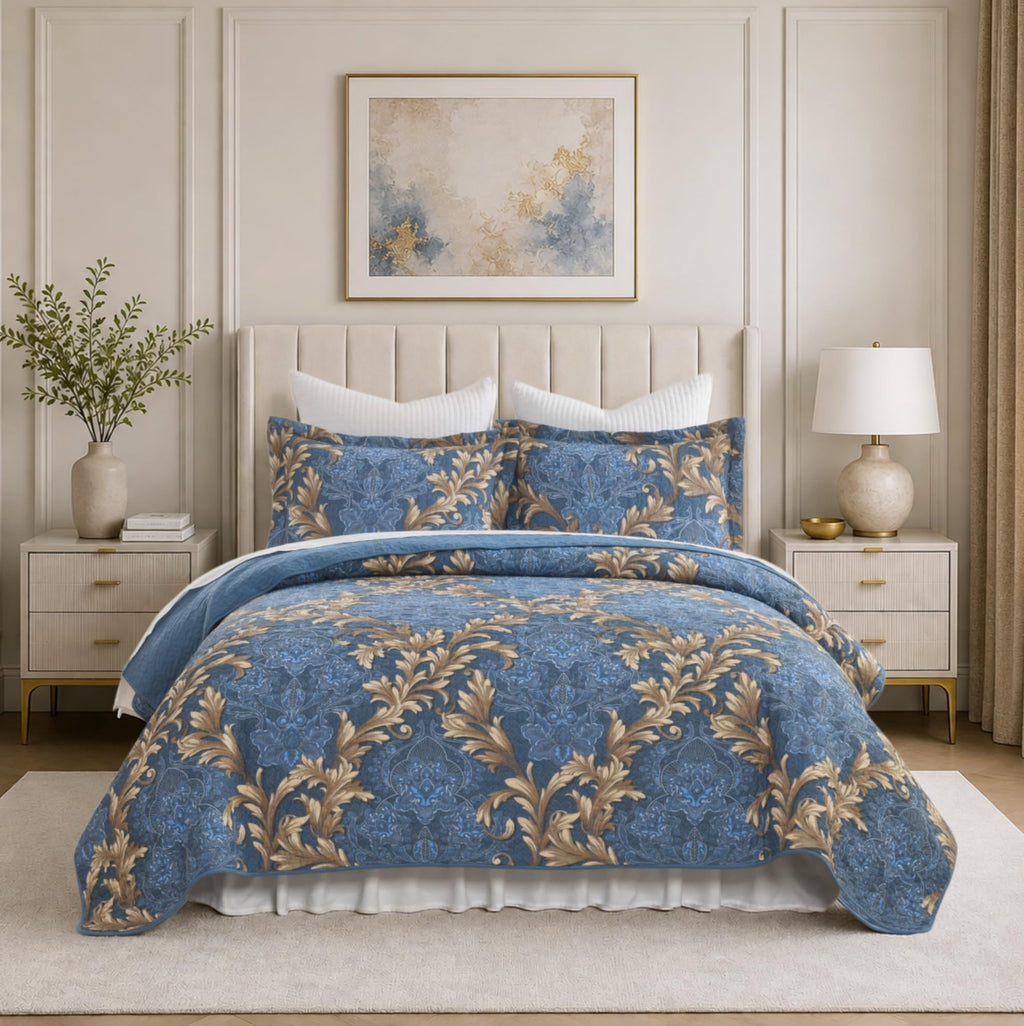 Quilt Bedding Set, 100% Cotton Blue Floral Quilt Bedspreads