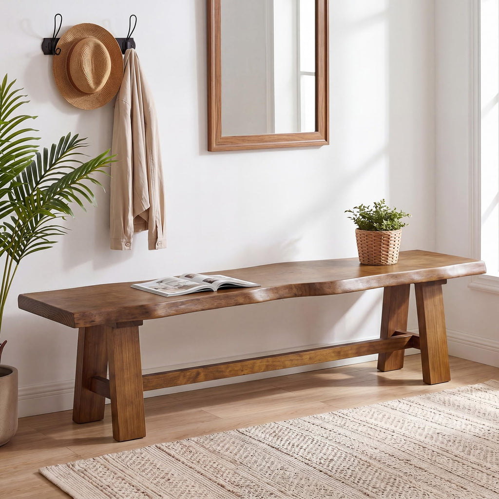 Solid Wood Entryway Bench, 63" Long Bed Bench with Angled Legs, Farmhouse Seating Benches, Rustic Brown