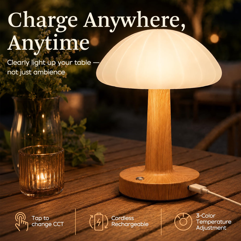 Outdoor Table Lamp, Mushroom Shape, Rechargeable, Waterproof