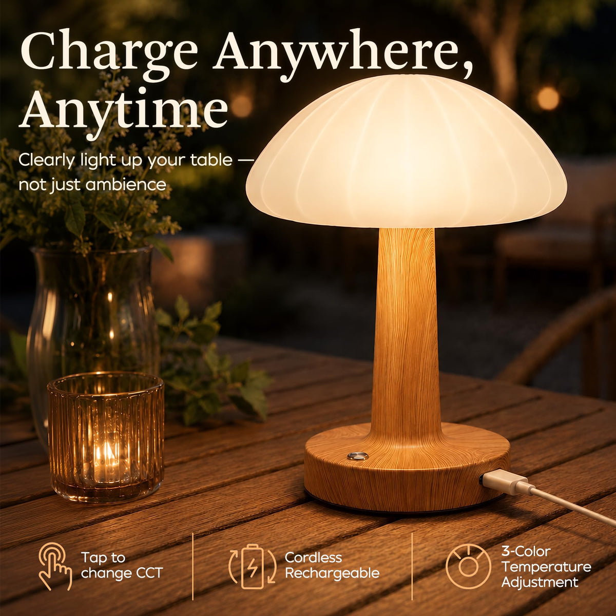 Outdoor Table Lamp, Mushroom Shape, Rechargeable, Waterproof