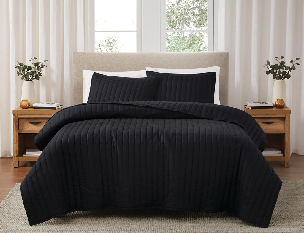 Solid Cotton Percale Black 3 Piece Quilt Set, Solid Color Themed, Oeko-TEX Certified Confidence