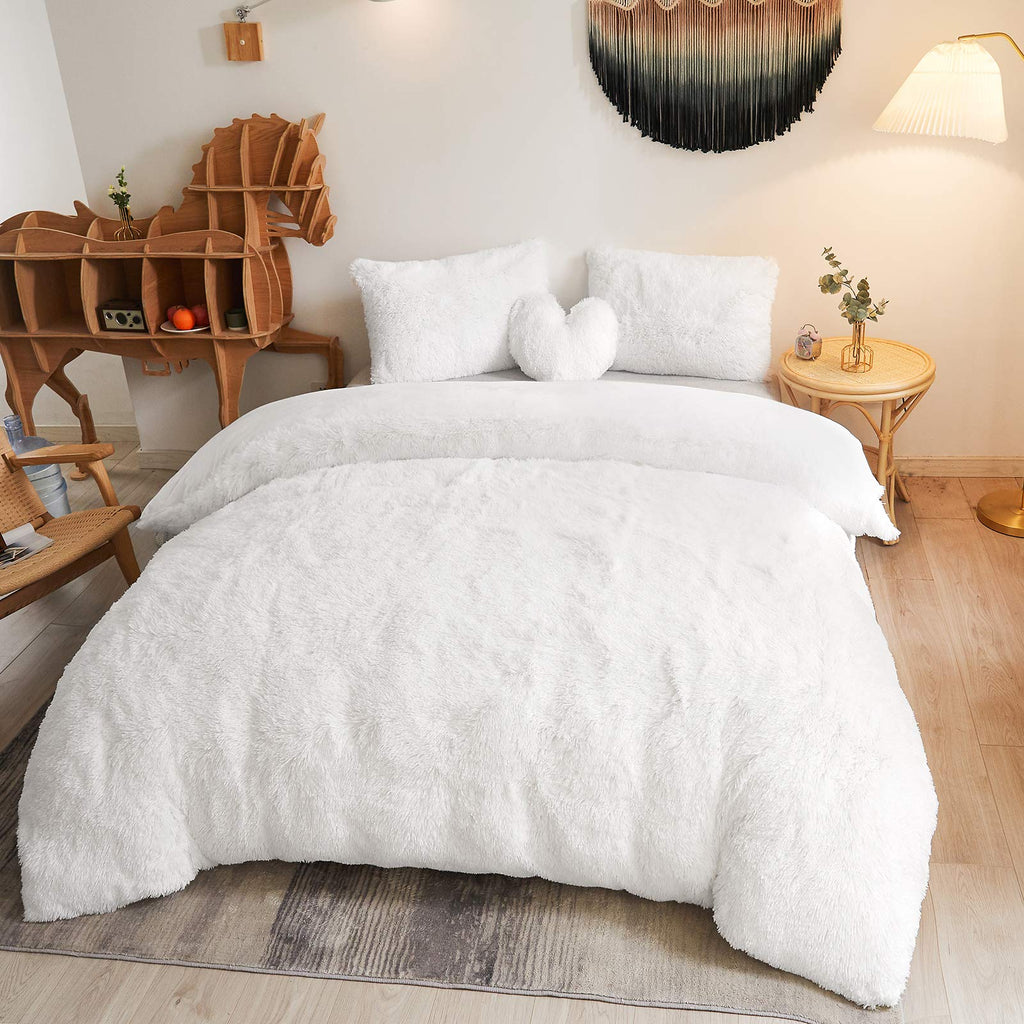 3 PCS Fluffy Faux Fur Duvet Cover Set, White