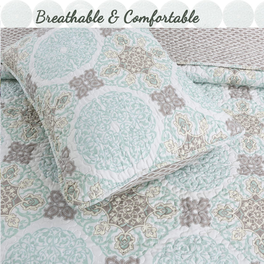 Mint Grey Modern Medallion Damask Reversible Quilt Bedding Set, Lightweight Bedspread Coverlet for All Seasons (Aqua