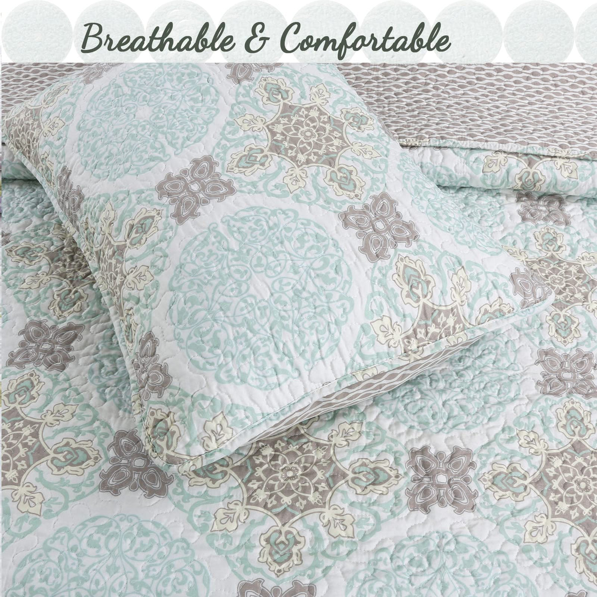 Mint Grey Modern Medallion Damask Reversible Quilt Bedding Set, Lightweight Bedspread Coverlet for All Seasons (Aqua