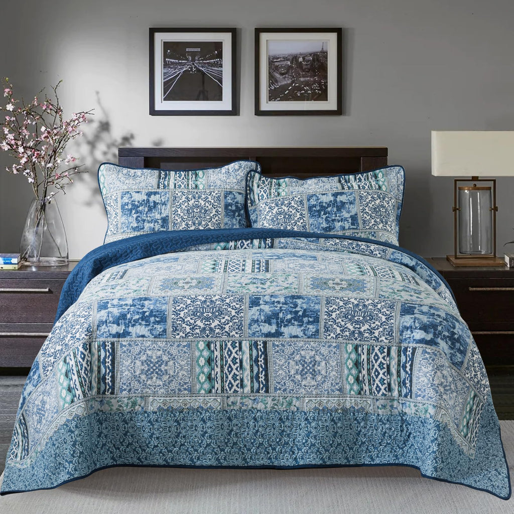 Cotton Bedspread Quilt Sets-Reversible Patchwork Coverlet Set, Blue Classic Bohemian Pattern
