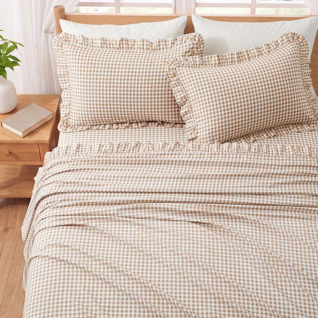 Gingham Ruffle Sheet Set, Taupe Microfiber Plaid Bed Sheets