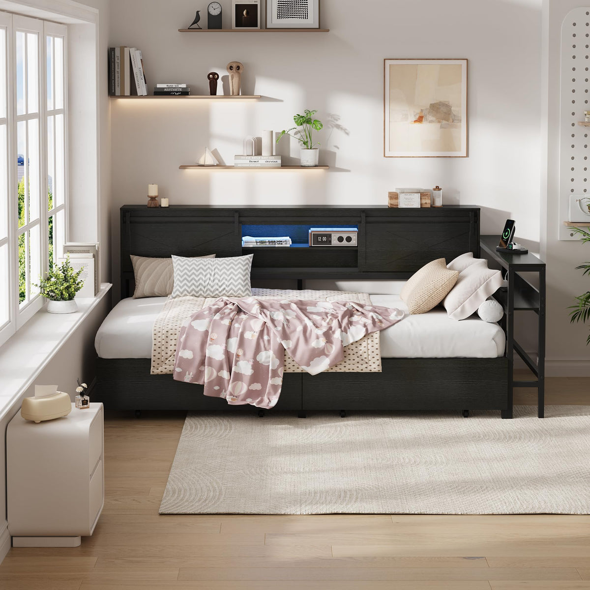 Corner Bed Frame with Storage, Bookcase Headboard & 2 Drawers, Sliding Barn Door Storage Bed Frame with