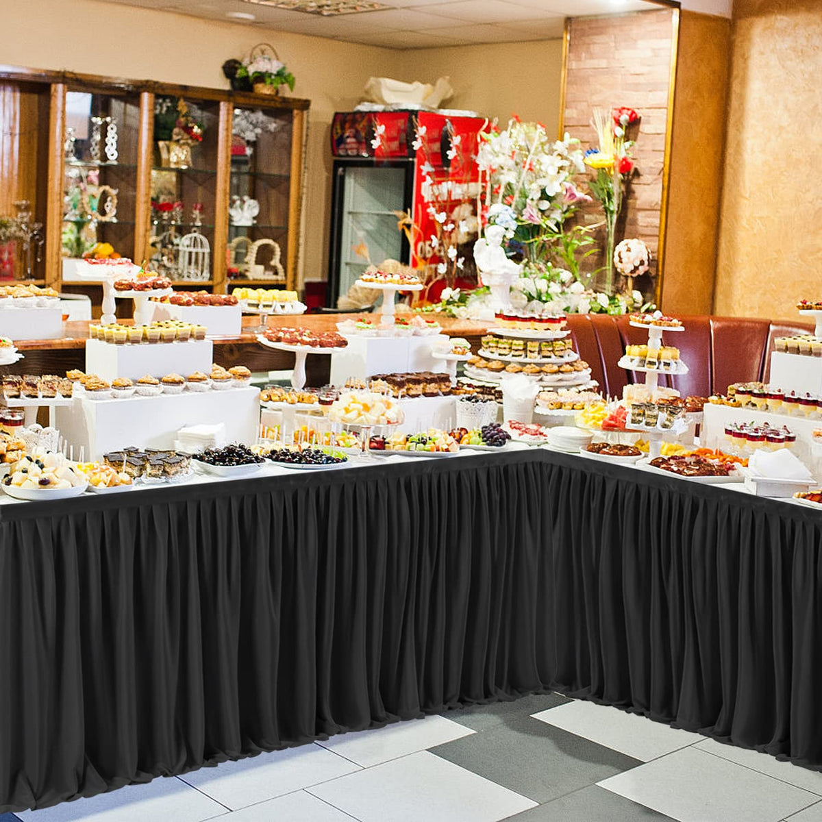 Black Polyester Table Skirt for Rectangle Tables 8ft, Wrinkle Resistant Pleated Ruffle Table Cloth for Banquet