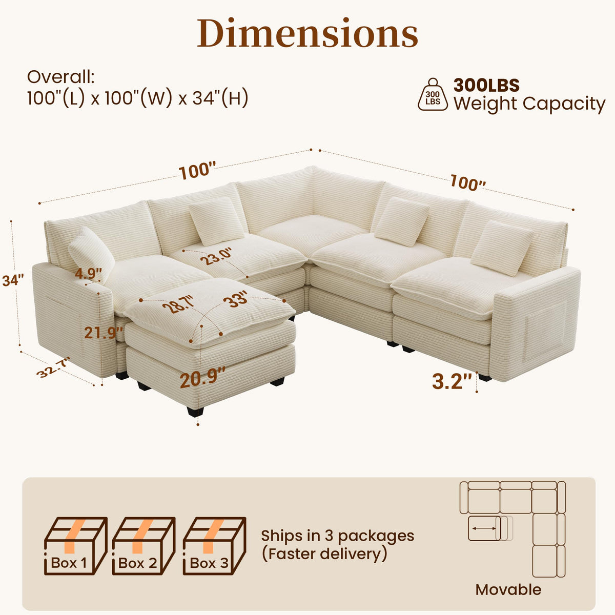100" Modular Sectional Sofa, L-Shaped Cloud Couch with Ottoman, Beige