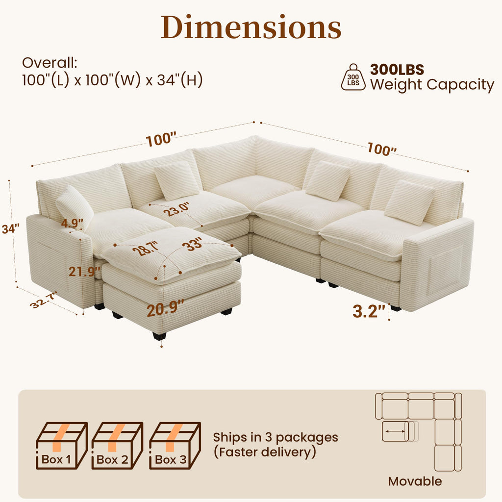 100" Modular Sectional Sofa, L-Shaped Cloud Couch with Ottoman, Beige