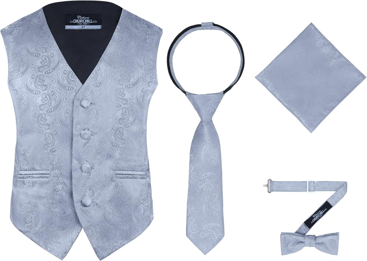 Boys 4 Piece Formal Paisley Vest and Tie Set