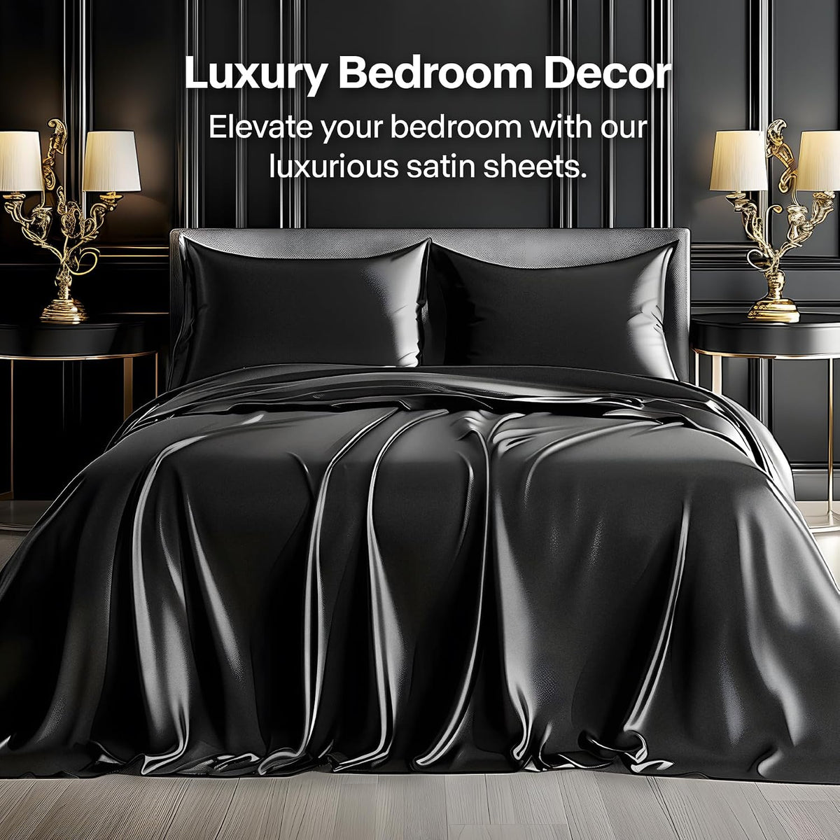 Satin Sheets Bed Set, Luxury Soft Black Silky Sheets for Hair and Skin, Similar to Silk Bed Sheets Set 4 Pieces