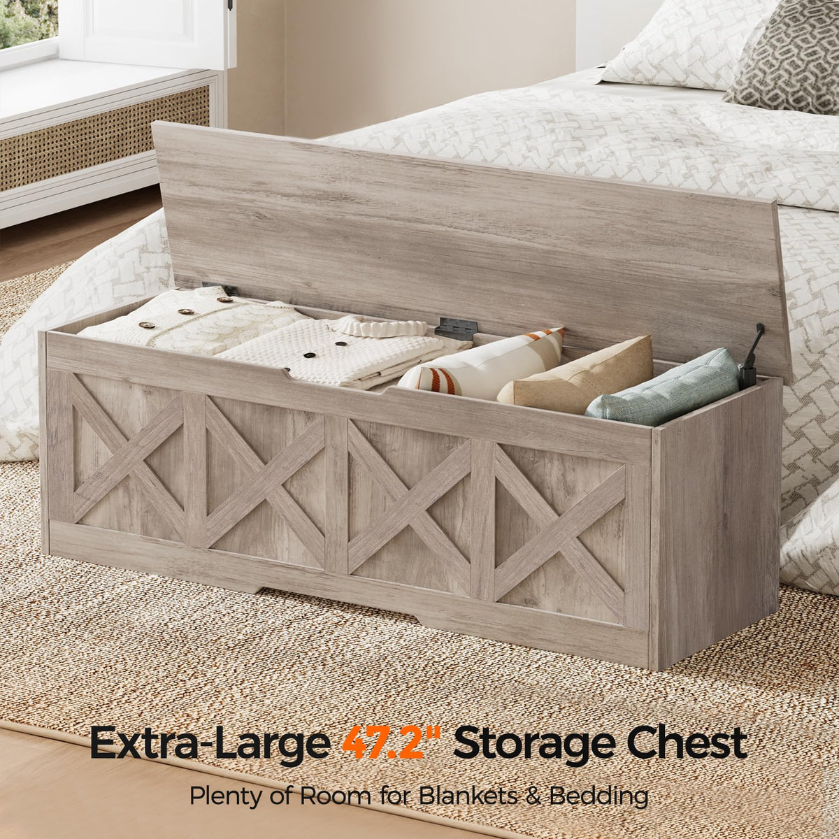 47.2" Extra-Large Wooden Storage Chest, Farmhouse Storage Bench