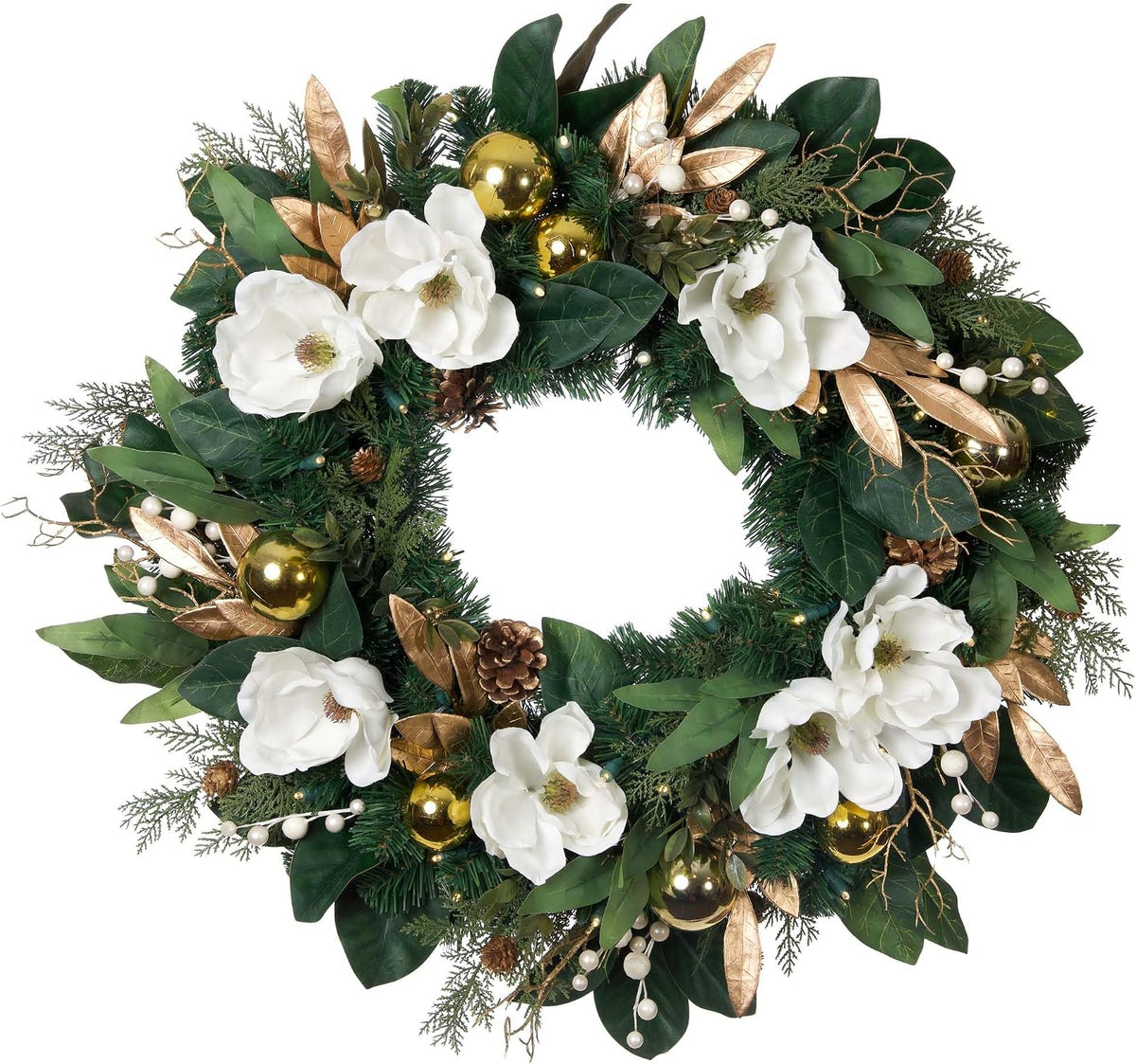 30 Inch Pre-Lit Artificial Christmas Wreath, White Gold Magnolia