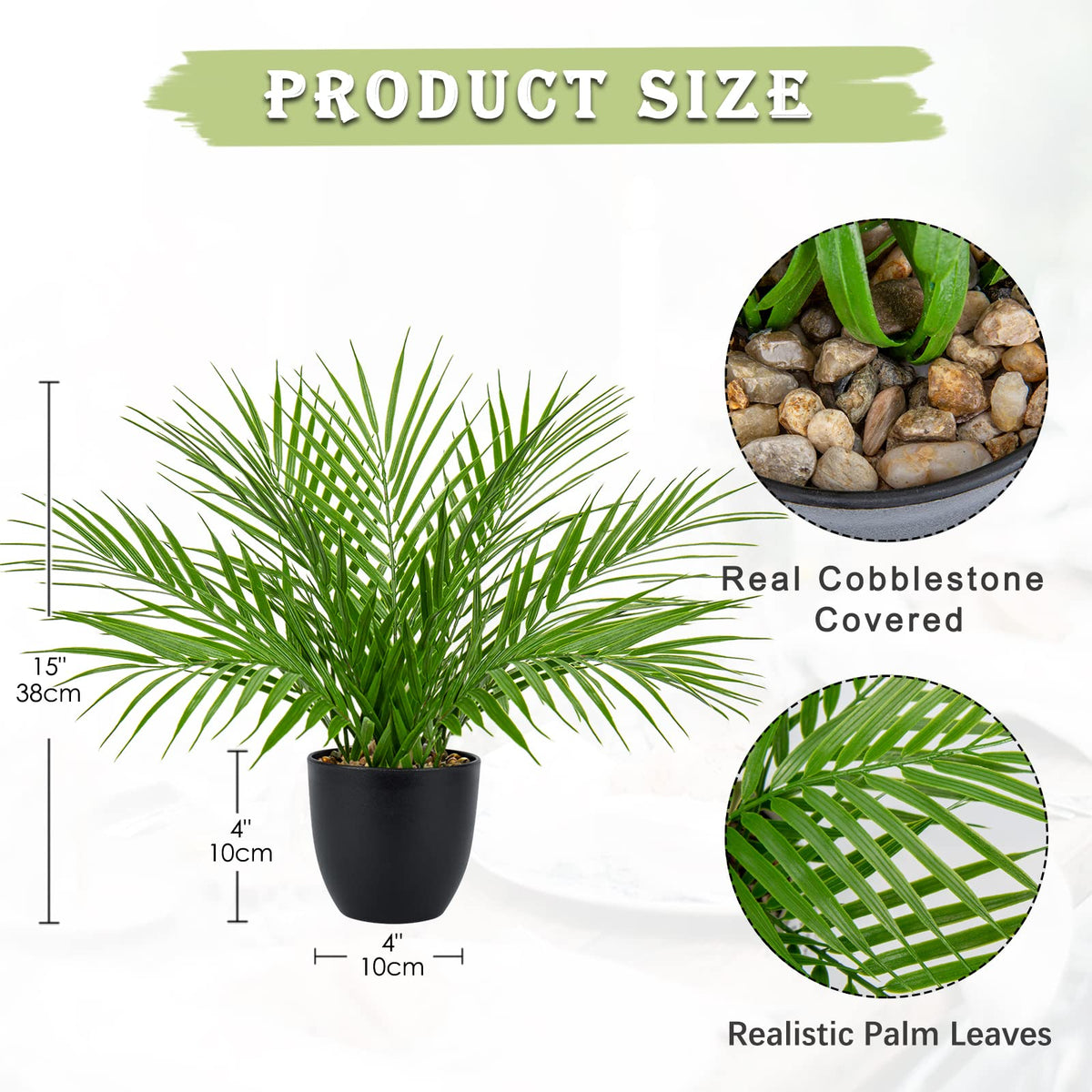 Fake Plant 15'' Artificial Palm Plant in Matte Black Pot Realistic Faux Tropical Palm Tree Houseplant Indoor Living