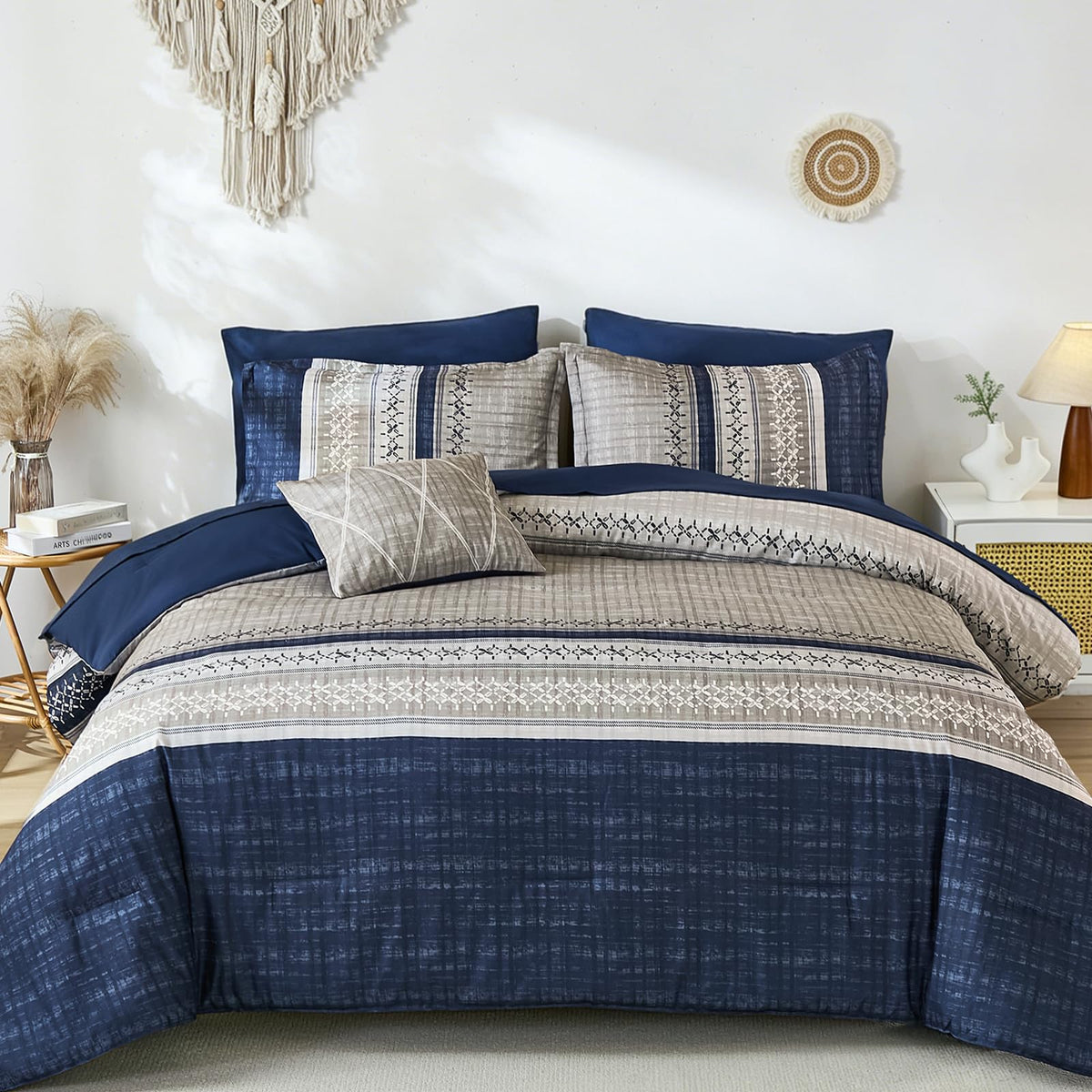 Blue King Comforter Size Set, 8 Pieces Boho Grey Striped Texture Bed in a Bag Sets, Lightweight Soft Bohemian