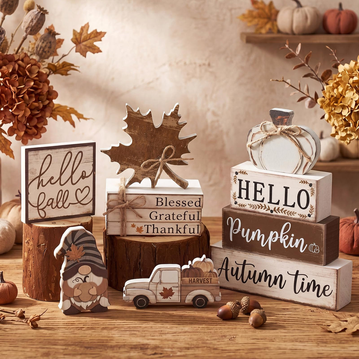 11 Pcs Fall Decorations Set Vintage Pumpkin Maple Leaf Gnome Signs