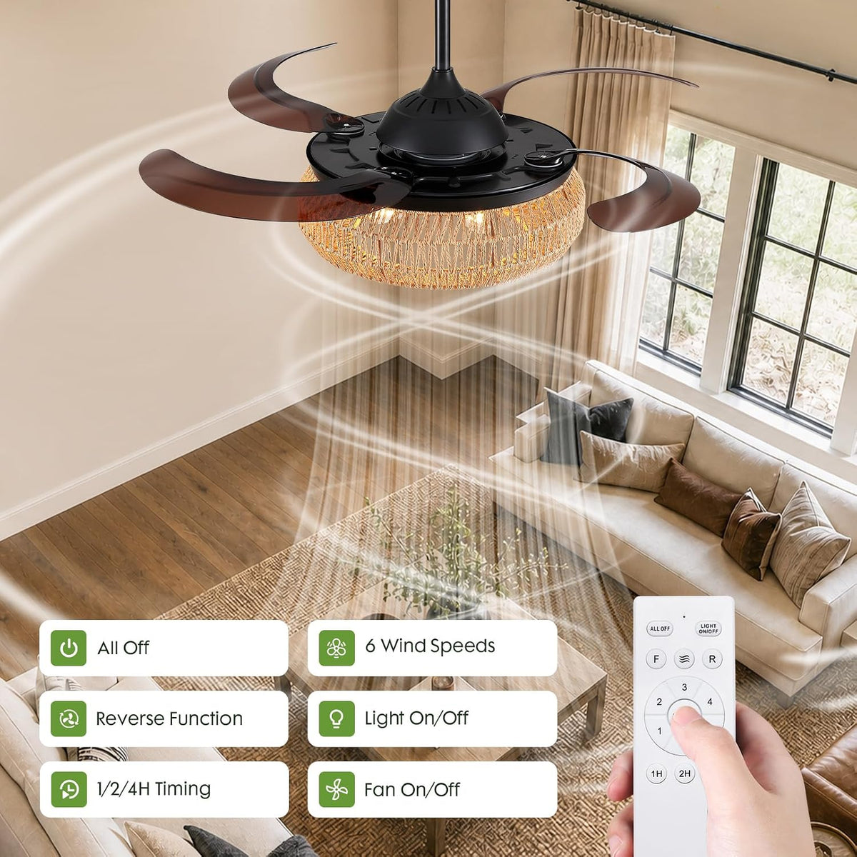 48" Retractable Boho Ceiling Fan with Lights and Remote Rustic Fandelier Bladeless Invisible Ceiling Fan Industrial