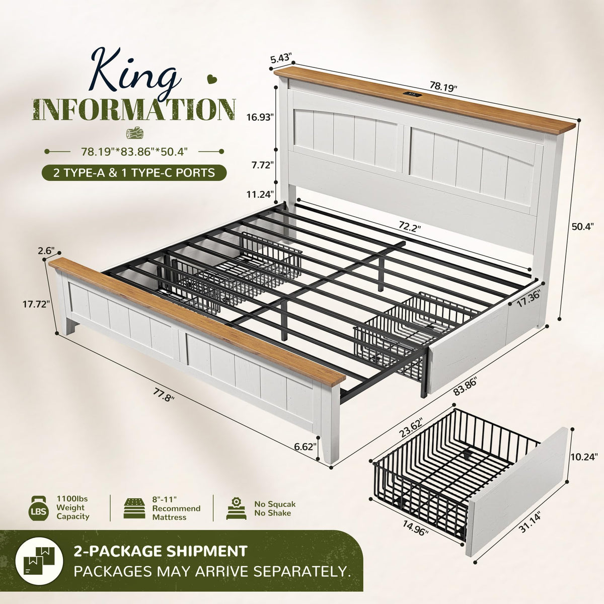 Farmhouse Bed Frame with 50.4" Tall Headboard, Antique White