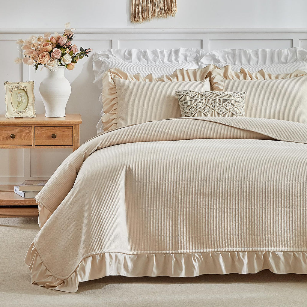 Beige Ruffle Quilt Set, 3 Pieces Shabby Chic Farmhouse Striped Bedspread Coverlet Set, Solid Lightweight