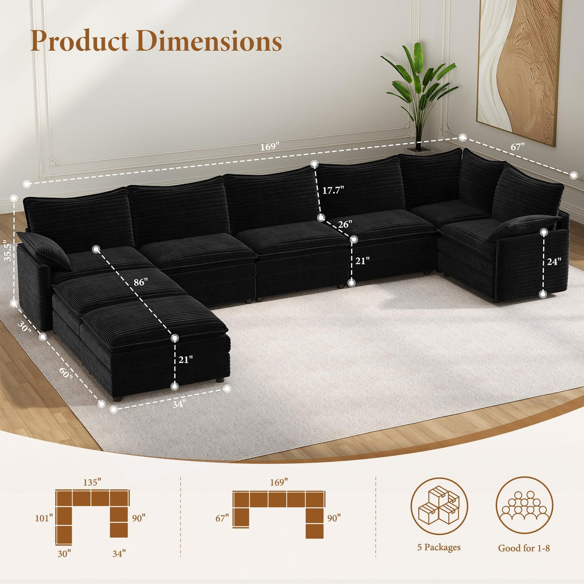 169" U Shaped Sectional Modular Couch, Comfy Cloud Sofa, Black