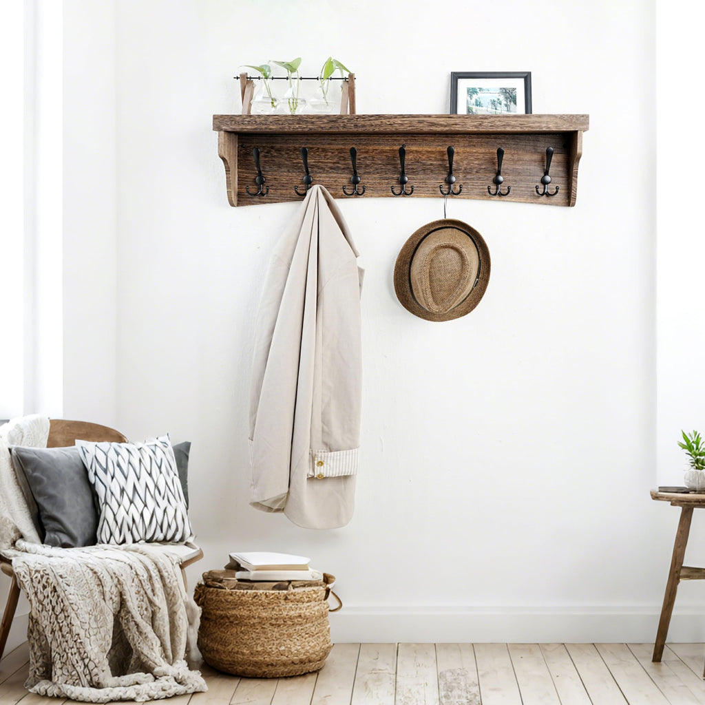 Rustic Coat Rack Wall Mount with Shelf, 35" Long Wall Shelf with Hooks Underneath, 7 Triple Hooks for Hanging