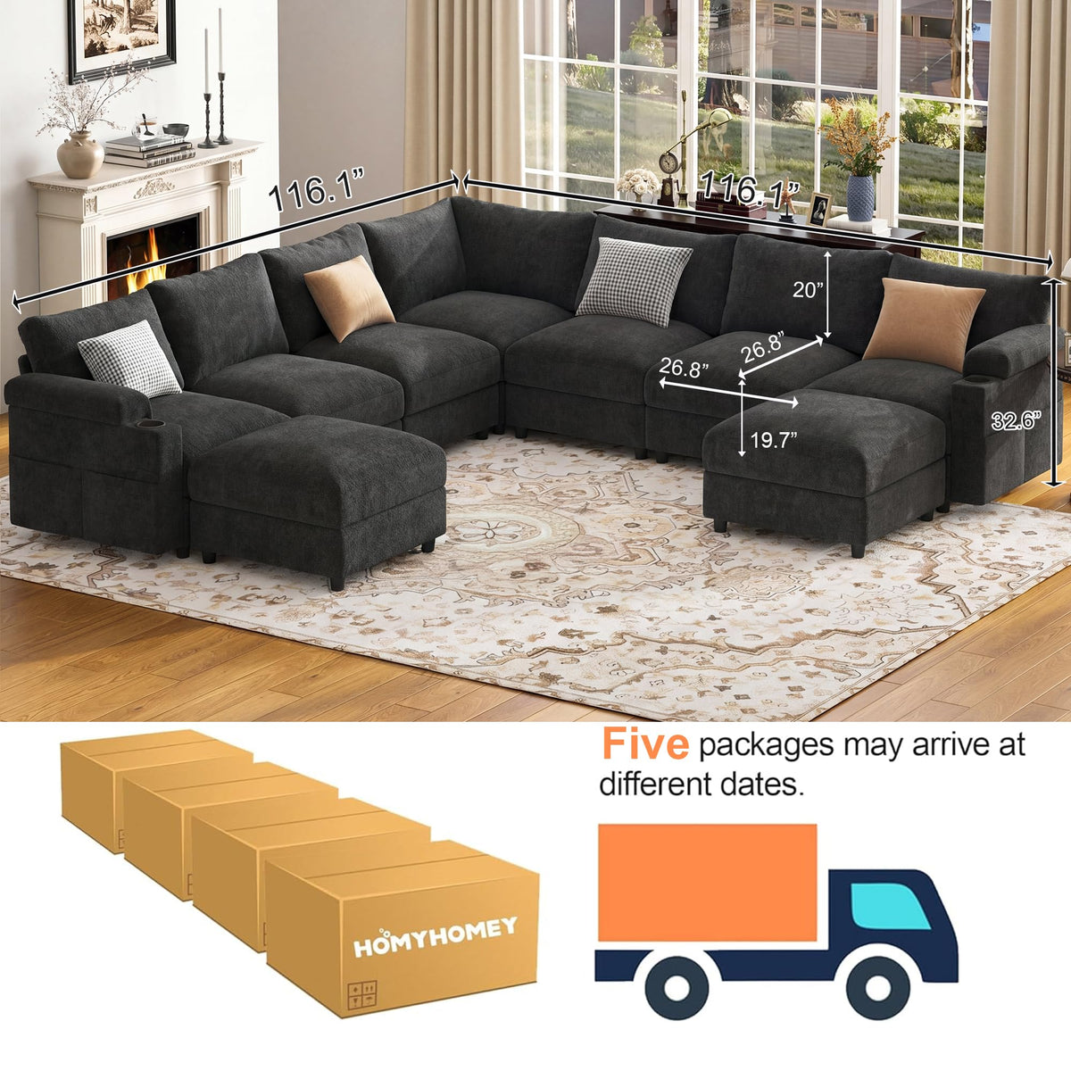 Moudular Sectional Couches, Chenille Fabric U Shaped Cloud Sofa