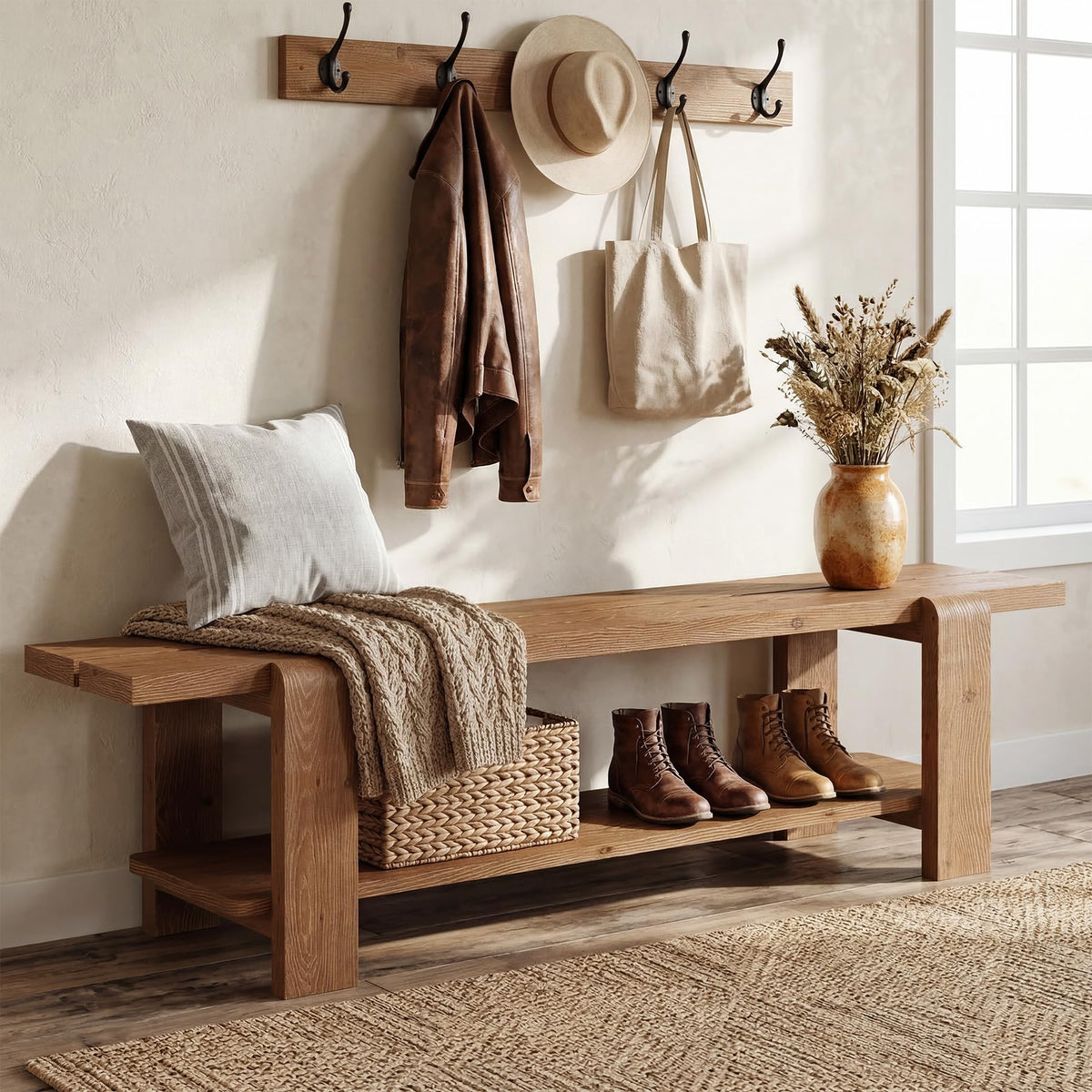 Solid Wood Entryway Bench with Shoe Storage Shelf, 63-Inch Long Farmhouse Entry Shoe Bench, End of Bed Bench