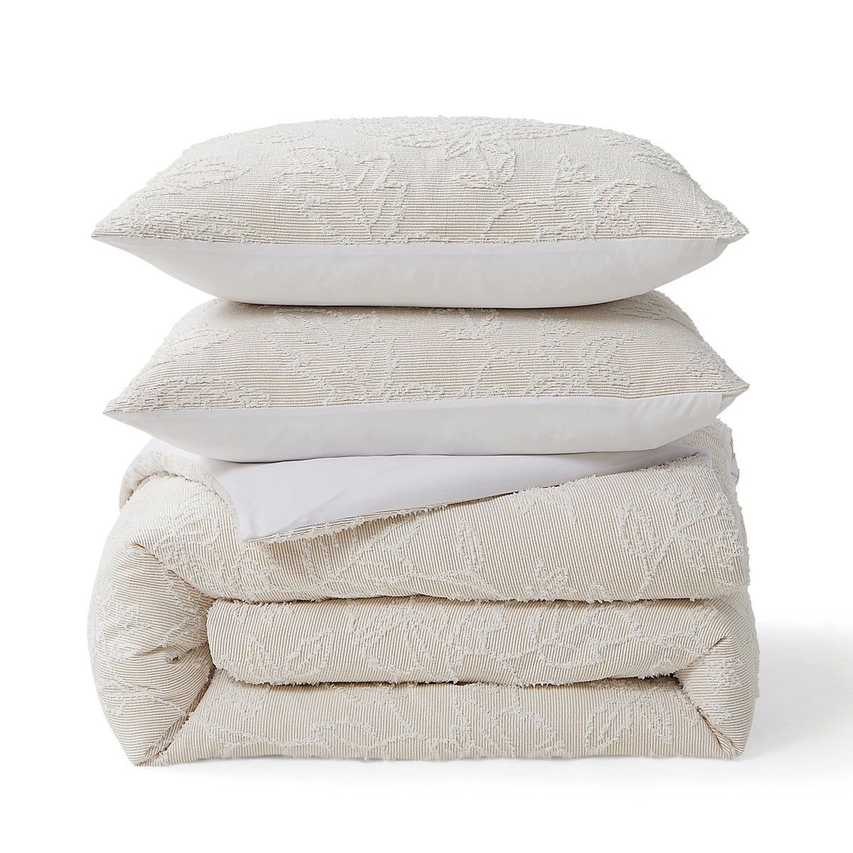 Folky Floral Jacquard Duvet Cover Sham Set Beige 3-Pc