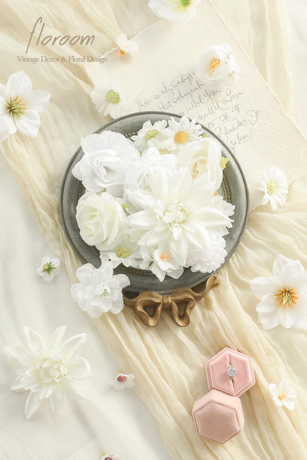 Mini Artificial Flower Heads Ivory & White Fake Peony Daisy Rose Multicolor Small Faux Silk Flower Heads for Cake