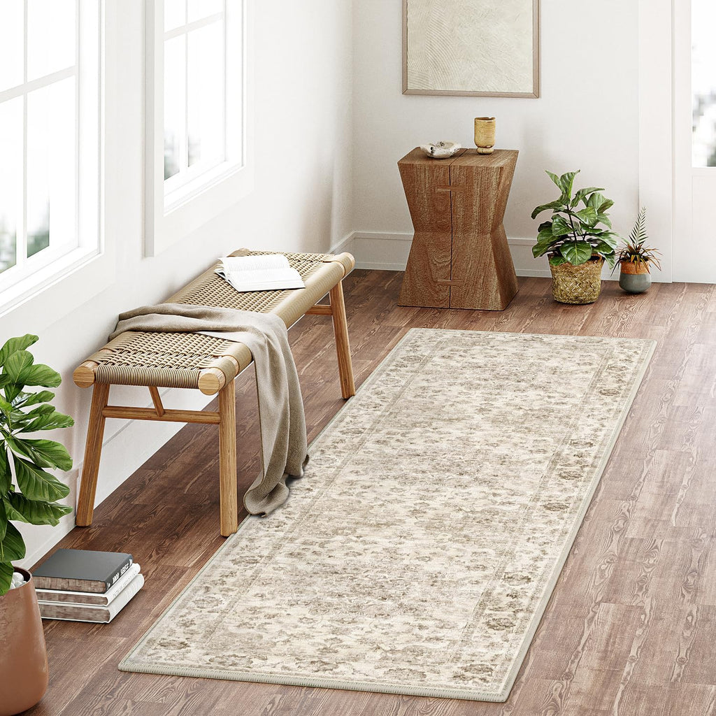 Washable Neutral Runner Rug Beige Vintage Hallway Kitchen Carpet Non-Slip Soft Low Pile Farmhouse Throw Rug for Bedroom Bathroom Laundry Living Room