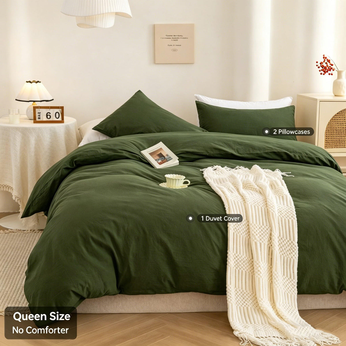 Cotton 3 Pcs Duvet Cover Set Linen Feel Avocado Green Queen