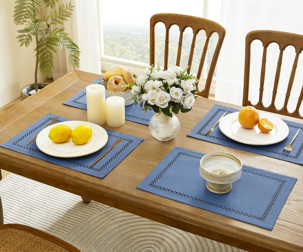 Farmhouse Burlap Place Mats, Blue Placemats Set of 6, 12 x 18 Inch