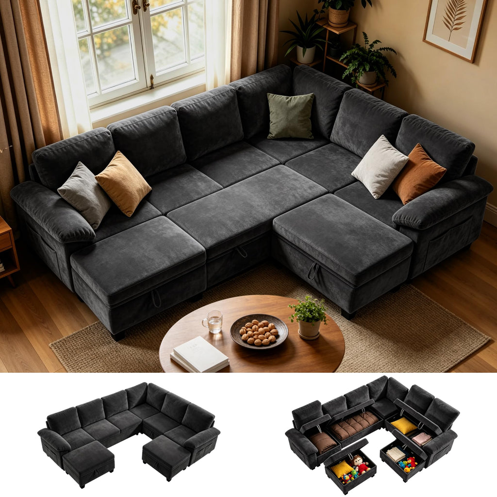 Oversized Sectional Sleeper Couch, 8 Seat Modular Sofa Pull-Out Storage Bed