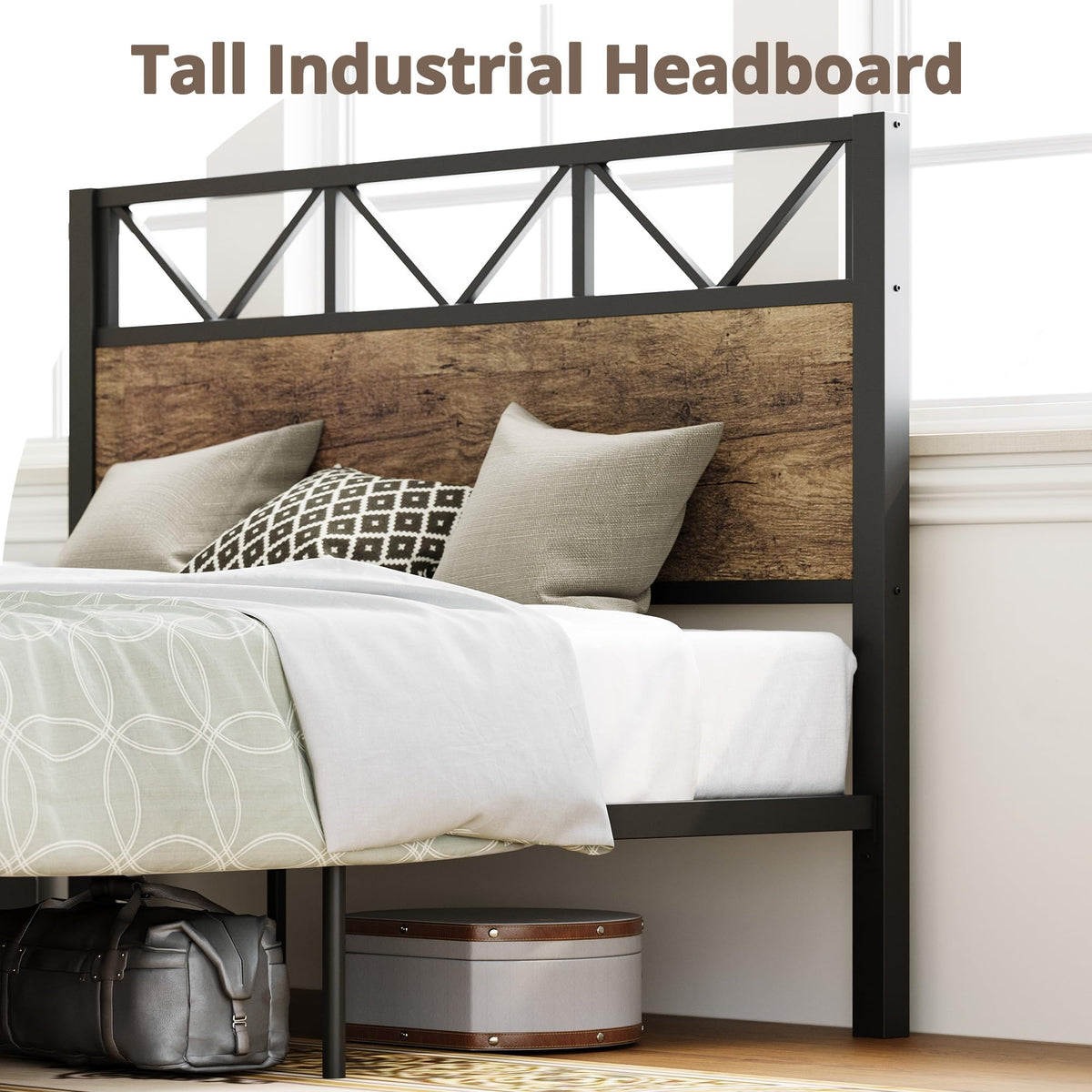 Bed Frame, Tall Industrial Headboard 51.2 ", Platform Bed Frame with Strong Metal Support, Solid and Stable