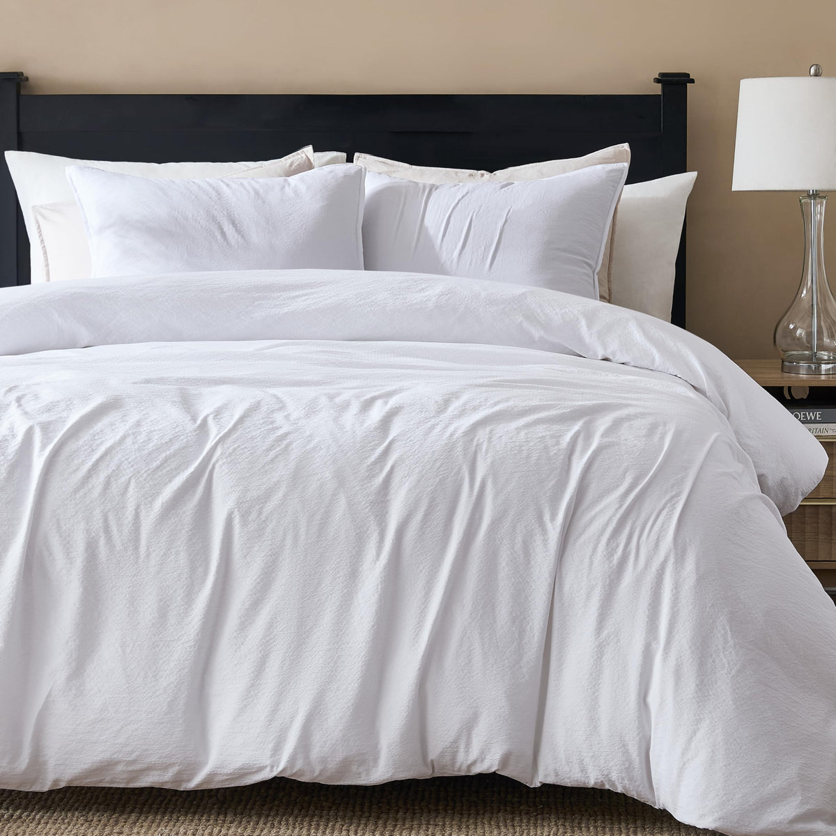 White Jacquard Duvet Cover Set with Zipper Closure, Modern Washed Soft Striped Bedding, Textured
