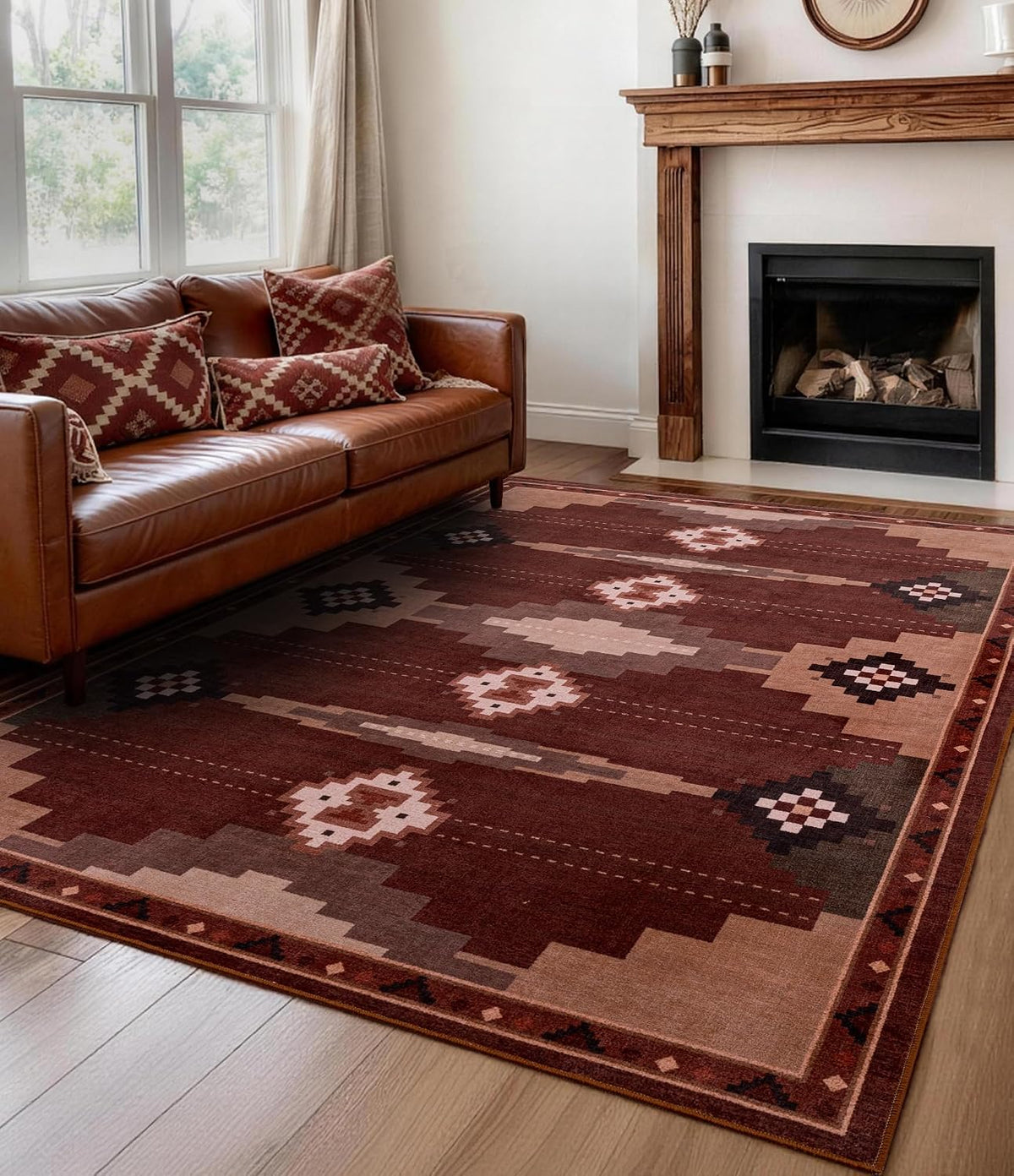 Washable Western Red Aztec Area Rug